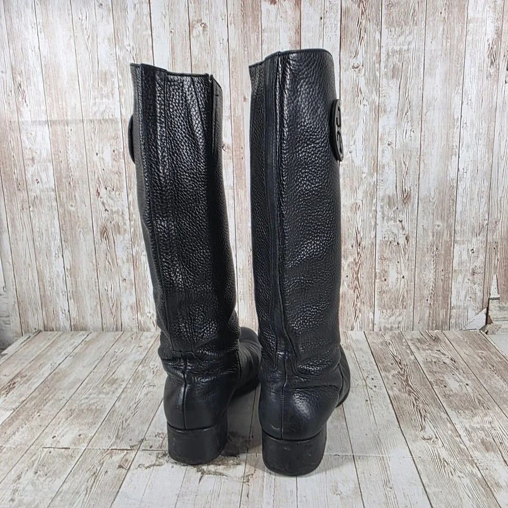 Tory Burch Black Pebbled‎ Leather Tall Riding Boots Logo Medallion Womens 7M
